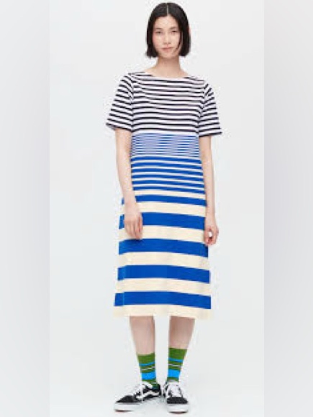 MARNI X UNIQLO Border Midi Dress Horizontal Stripes 100% Cotton Short Sleeve